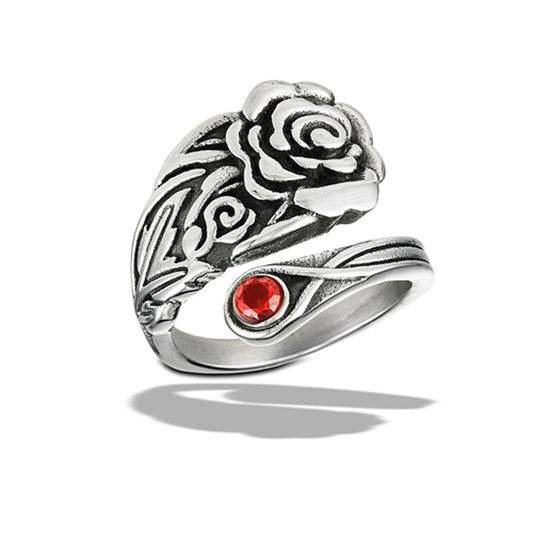Stainless Steel Rose Spoon Ring With Garnet CZ