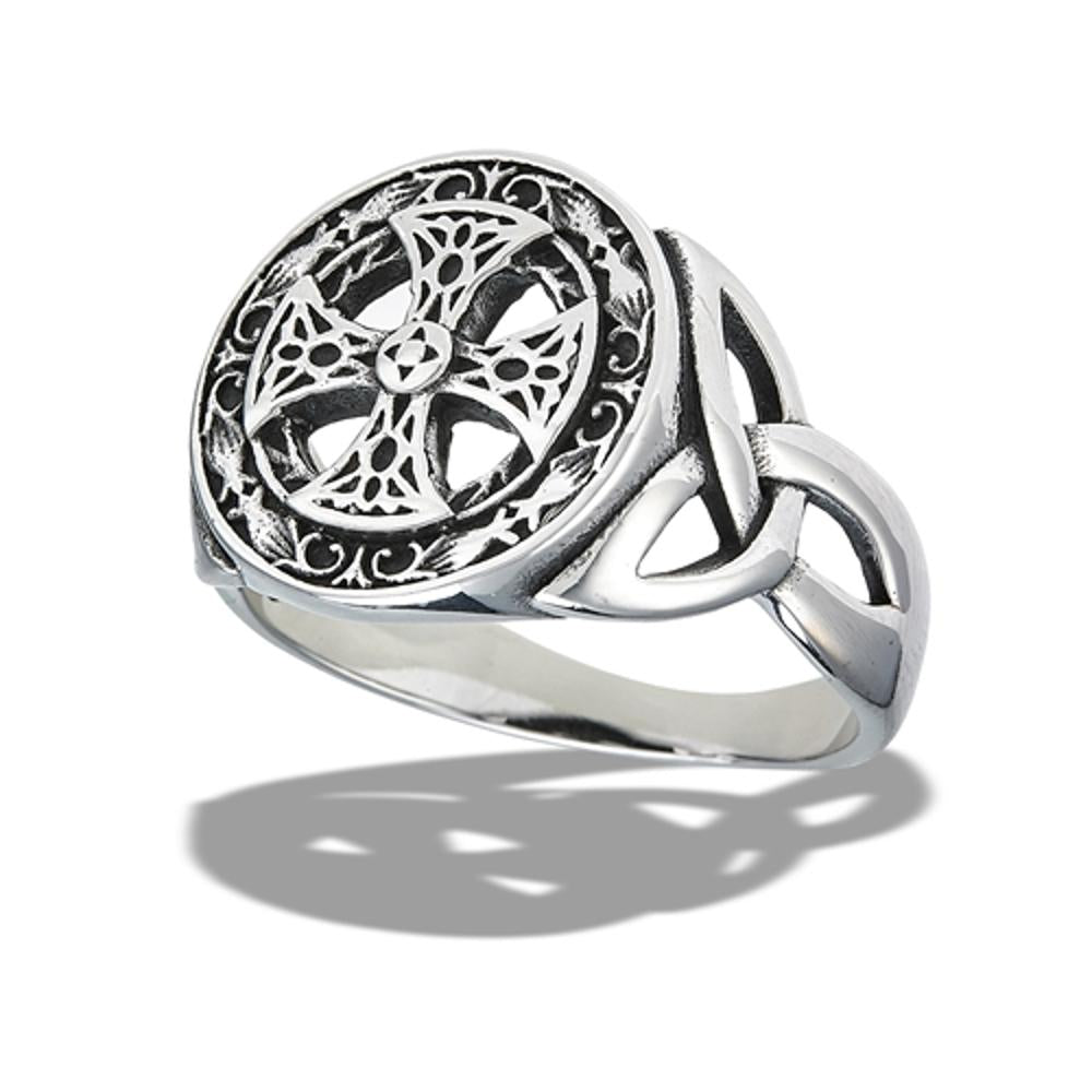Stainless Steel Intricate Iron Cross And Side Triquetras Ring