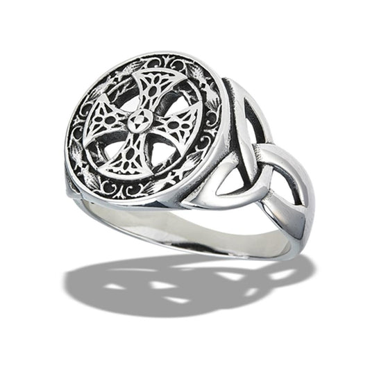 Stainless Steel Intricate Iron Cross And Side Triquetras Ring