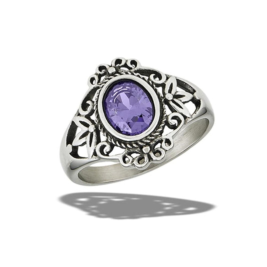 Stainless Steel Ornate Braided Ring With Amethyst CZ