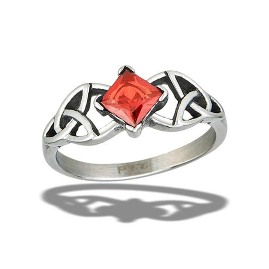 Stainless Steel Celtic Ring With Red CZ And Side Triquetras