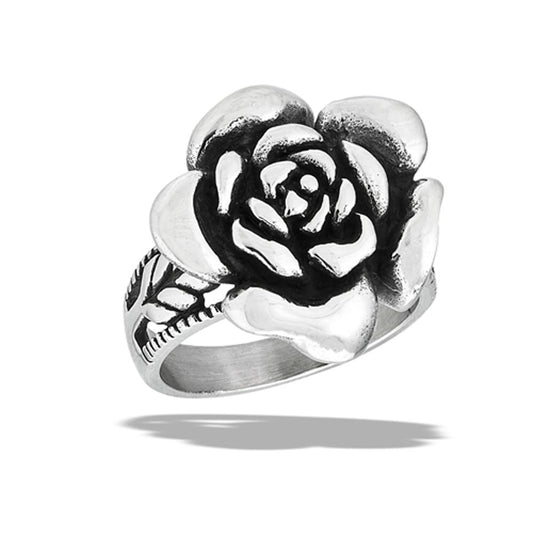 Stainless Steel Large Rose Ring With Wheat Stalk Accents