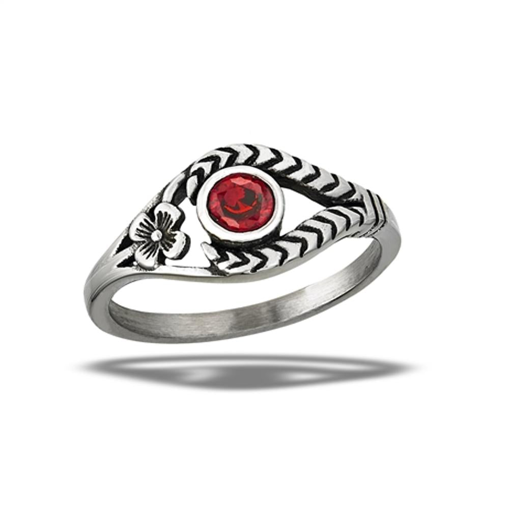 Stainless Steel Garnet CZ Cute Flower Ring