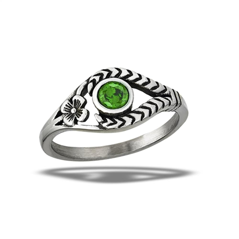Stainless Steel Emerald CZ Cute Flower Ring