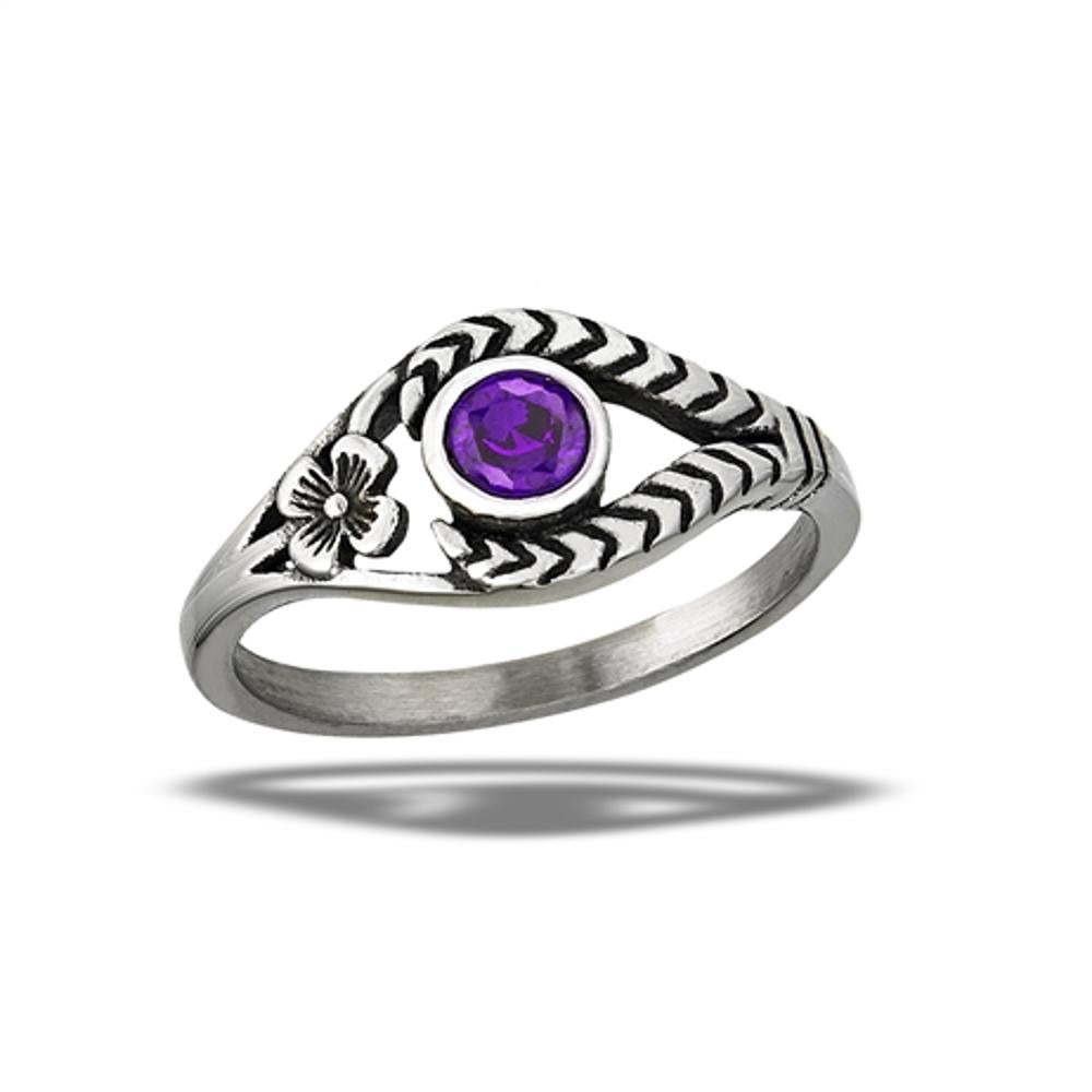 Stainless Steel Amethyst CZ Flower Ring