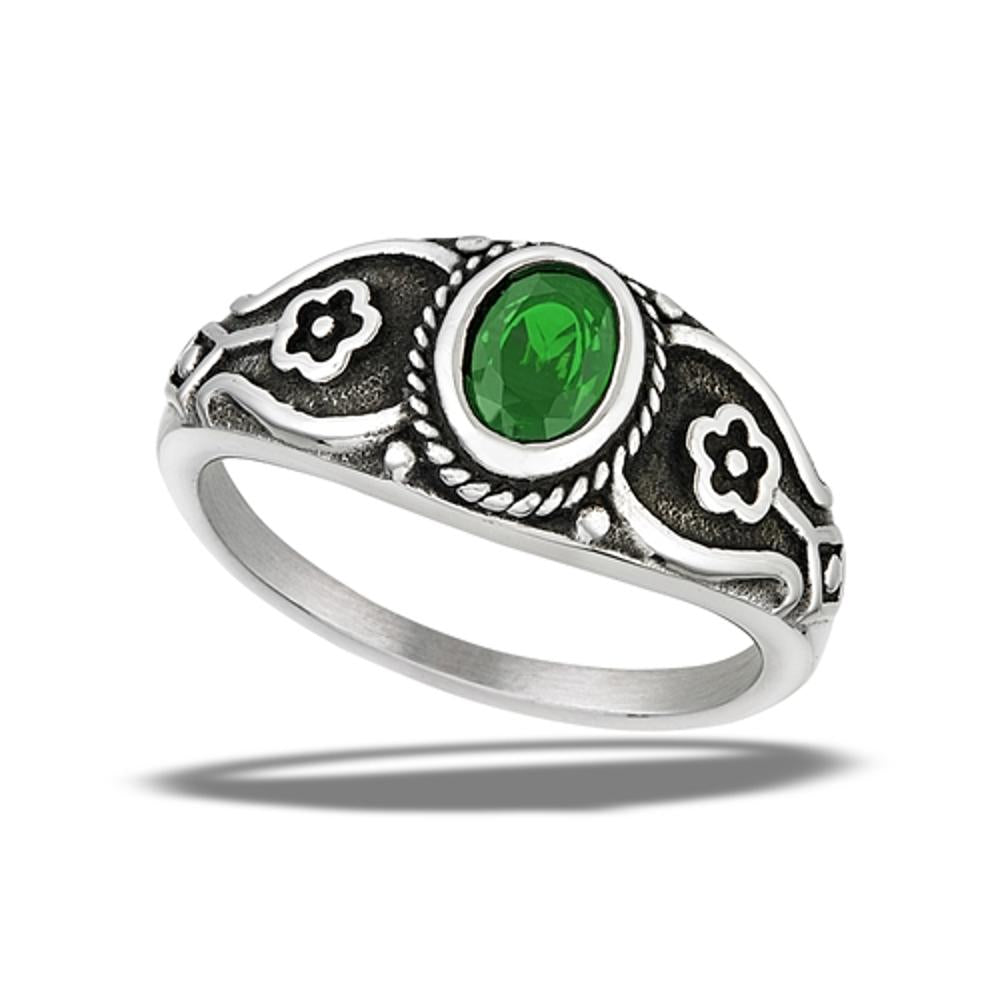 Stainless Steel Bali Style Flower Emerald CZ Ring