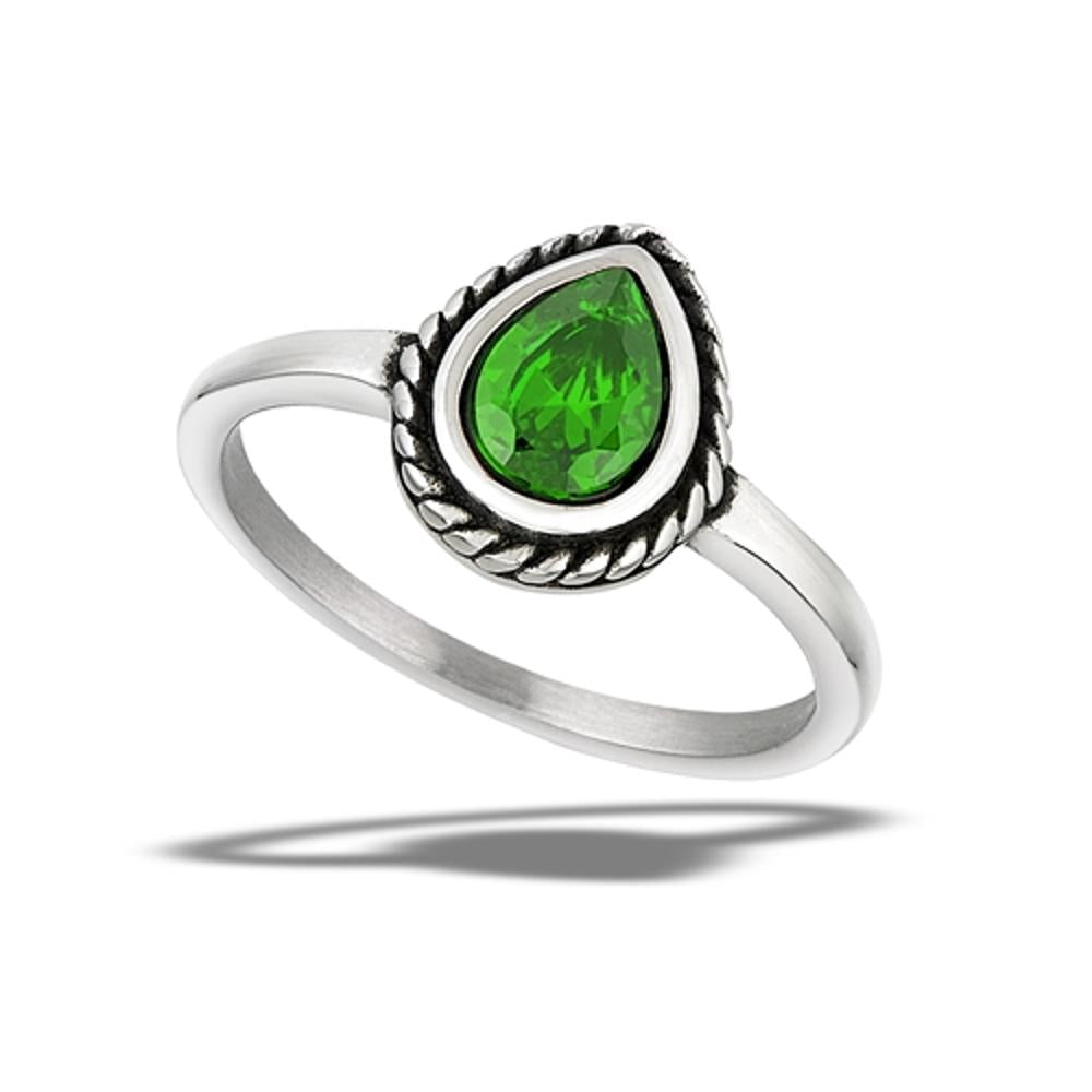Stainless Steel Teardrop Emerald CZ Ring