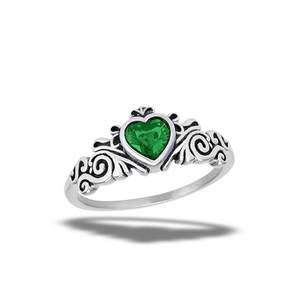 Stainless Steel Heart Swirl Oxidized Spiral Emerald CZ Ring