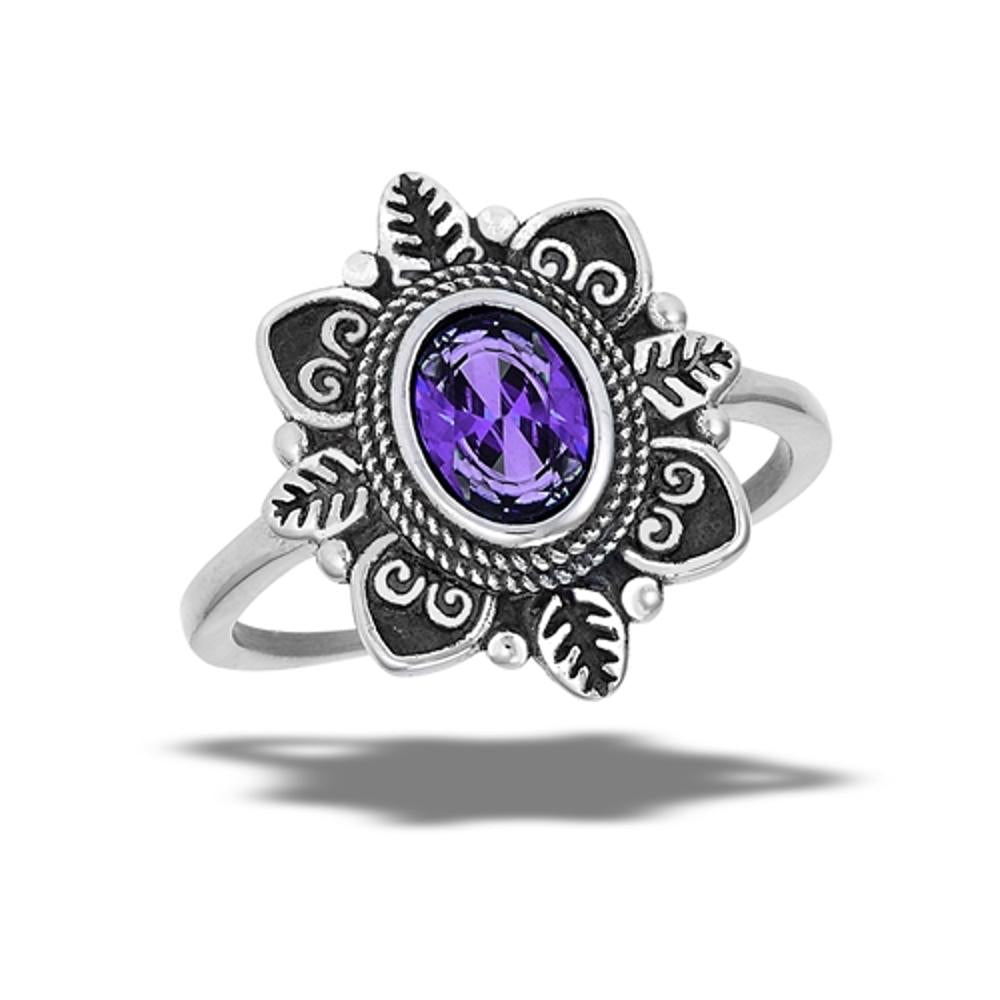 Stainless Steel Amethyst CZ Flower Leaf Oxidized Garden Heart Ring