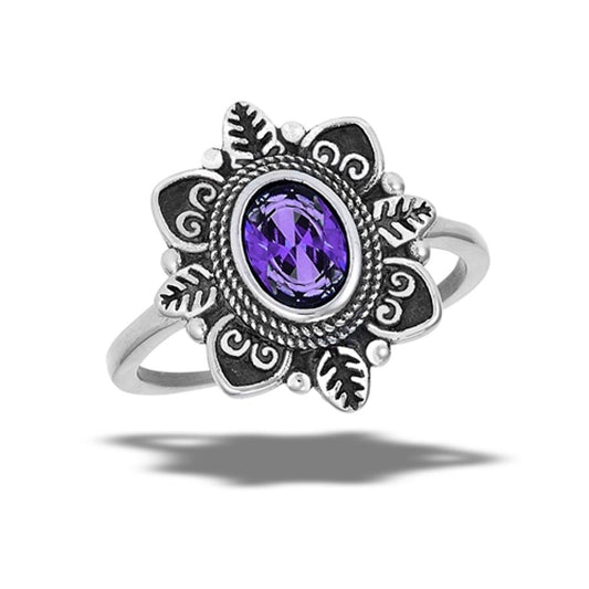 Stainless Steel Amethyst CZ Flower Leaf Oxidized Garden Heart Ring