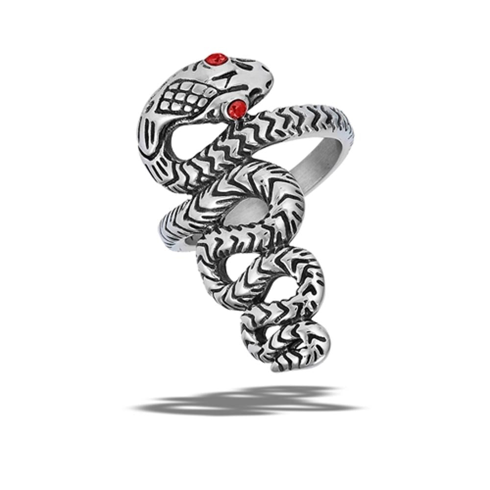 Stainless Steel Garnet CZ Eye Snake Serpent Animal Wide Ring