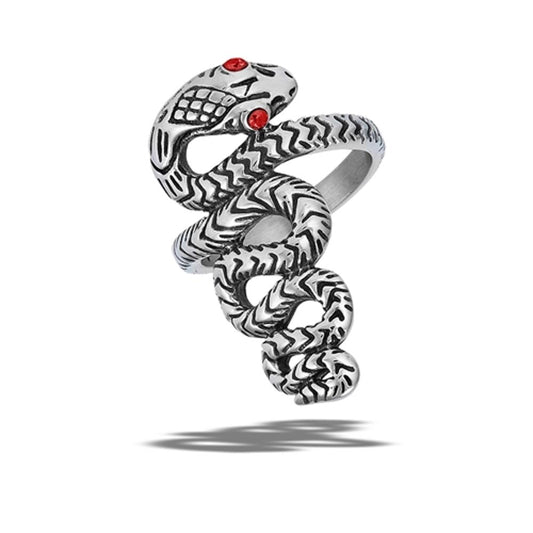 Stainless Steel Garnet CZ Eye Snake Serpent Animal Wide Ring