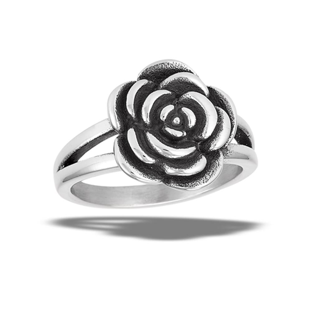 Stainless Steel Oxidized Rose Flower Friendship Love Band Ring