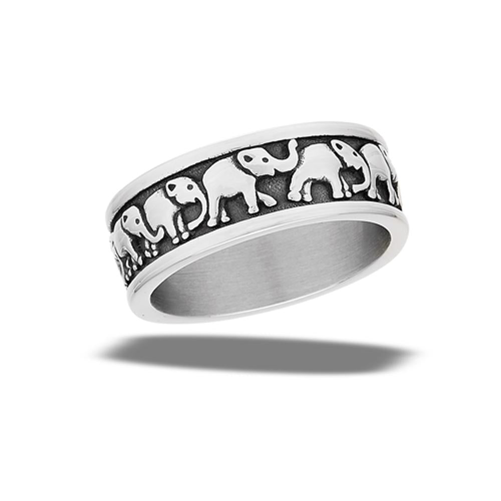 Stainless Steel Marching Elephants Family Good Luck Animal Band Ring