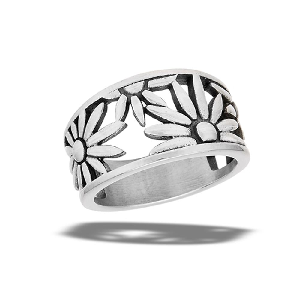 Stainless Steel Oxidized Filigree Flower Bouquet Daisy Garden Ring