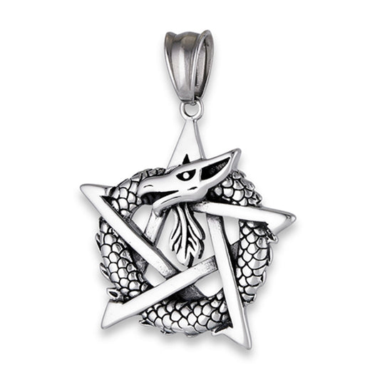 Stainless Steel Dragon Weaving Through A Pentagram Pendant