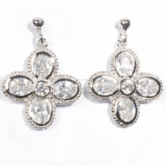 Sterling Silver Elegant Flower Cross Teardrop Statement Earrings Clear CZ 925