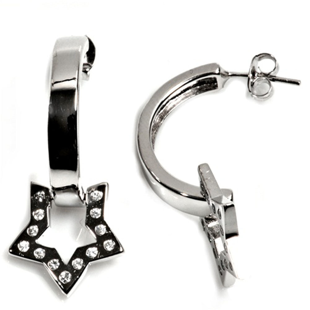 Sterling Silver Star Hoop Modern High Polish Studded Open Cute Earrings Clear CZ