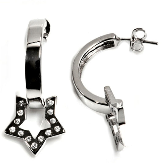Sterling Silver Star Hoop Modern High Polish Studded Open Cute Earrings Clear CZ