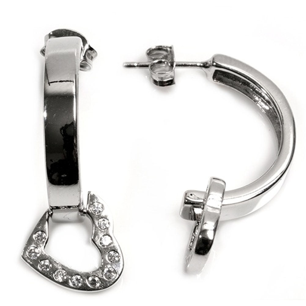 Sterling Silver Sideways Heart Demi Hoop Modern High Polish Earrings Clear CZ