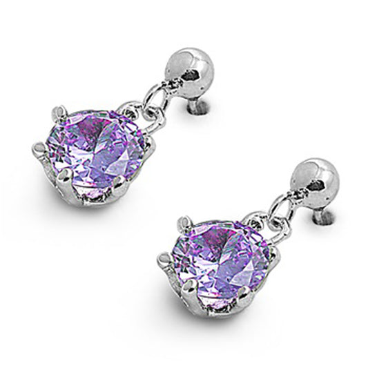 Sterling Silver Simple Statement Dangling Circle Classic Earrings Amethyst CZ