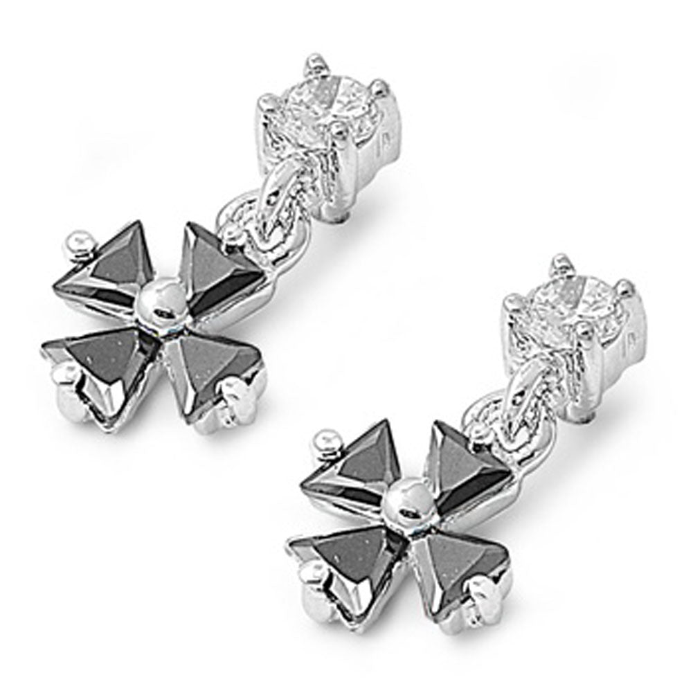Cross Hanging Earrings Black Simulated CZ .925 Sterling Silver
