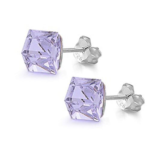 Sterling Silver Traditional Cube Classic Simple Geometric Earrings Lavender CZ