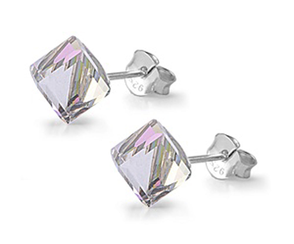 Unique Sparkly Cube Square Clear Simulated CZ .925 Sterling Silver Fancy Earrings
