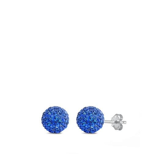 Sterling Silver High Polished Blue Rhinestone Studded Ball Earrings 925 New