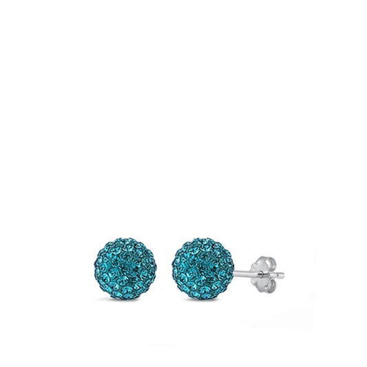 Sterling Silver Classic Blue Rhinestone Studded Sphere Ball Earrings 925 New
