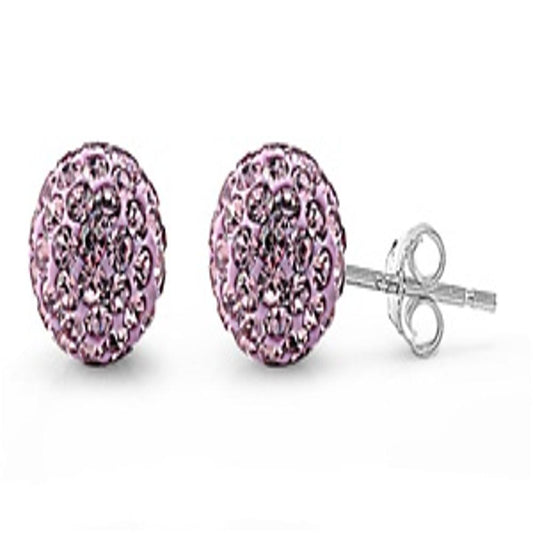 Sterling Silver Polished Pink Rhinestone Studded Ball Earrings 925 New