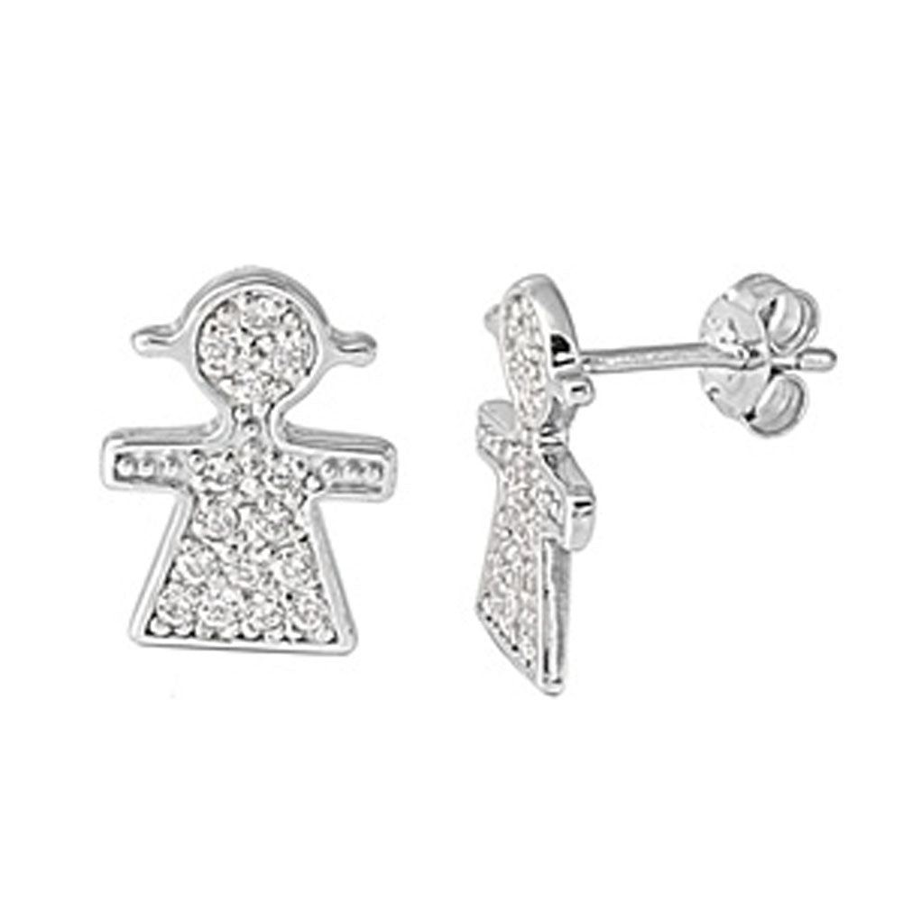 Girl Earrings Clear Simulated CZ .925 Sterling Silver