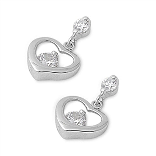 Heart Hanging Earrings Clear Simulated CZ .925 Sterling Silver