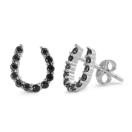 Horseshoe Earrings Black Simulated CZ .925 Sterling Silver