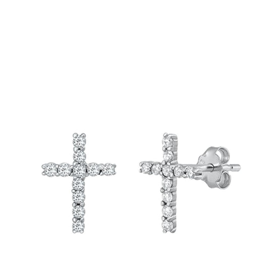 Sterling Silver High Polished Clear CZ Studded Cross Christian Earrings 925 New