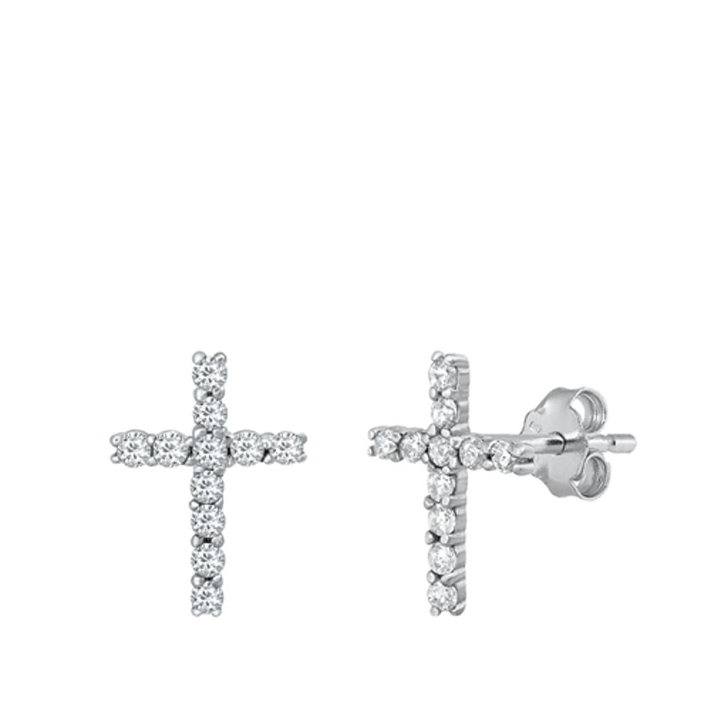 Sterling Silver High Polished Clear CZ Studded Cross Christian Earrings 925 New