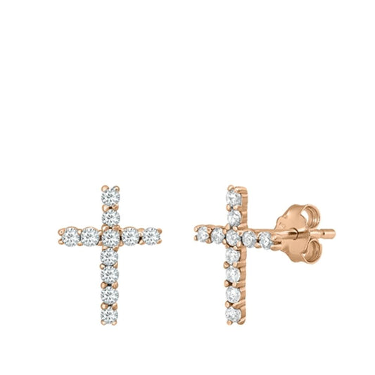 Sterling Silver Cute Clear CZ Rose Gold-Tone Cross Christian Earrings 925 New
