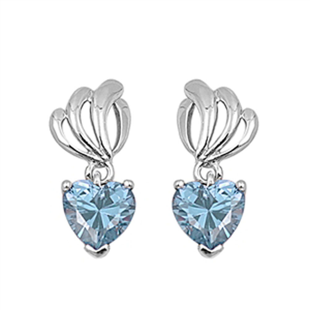 Heart Hanging Earrings Simulated Aquamarine .925 Sterling Silver