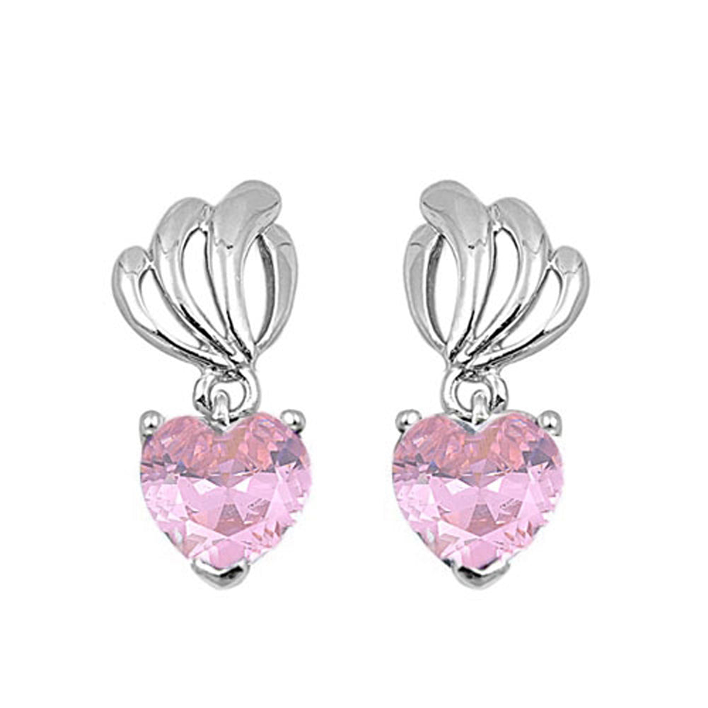 Filigree Curve Wave Heart Dangle Wispy Pink Simulated CZ .925 Sterling Silver Earrings