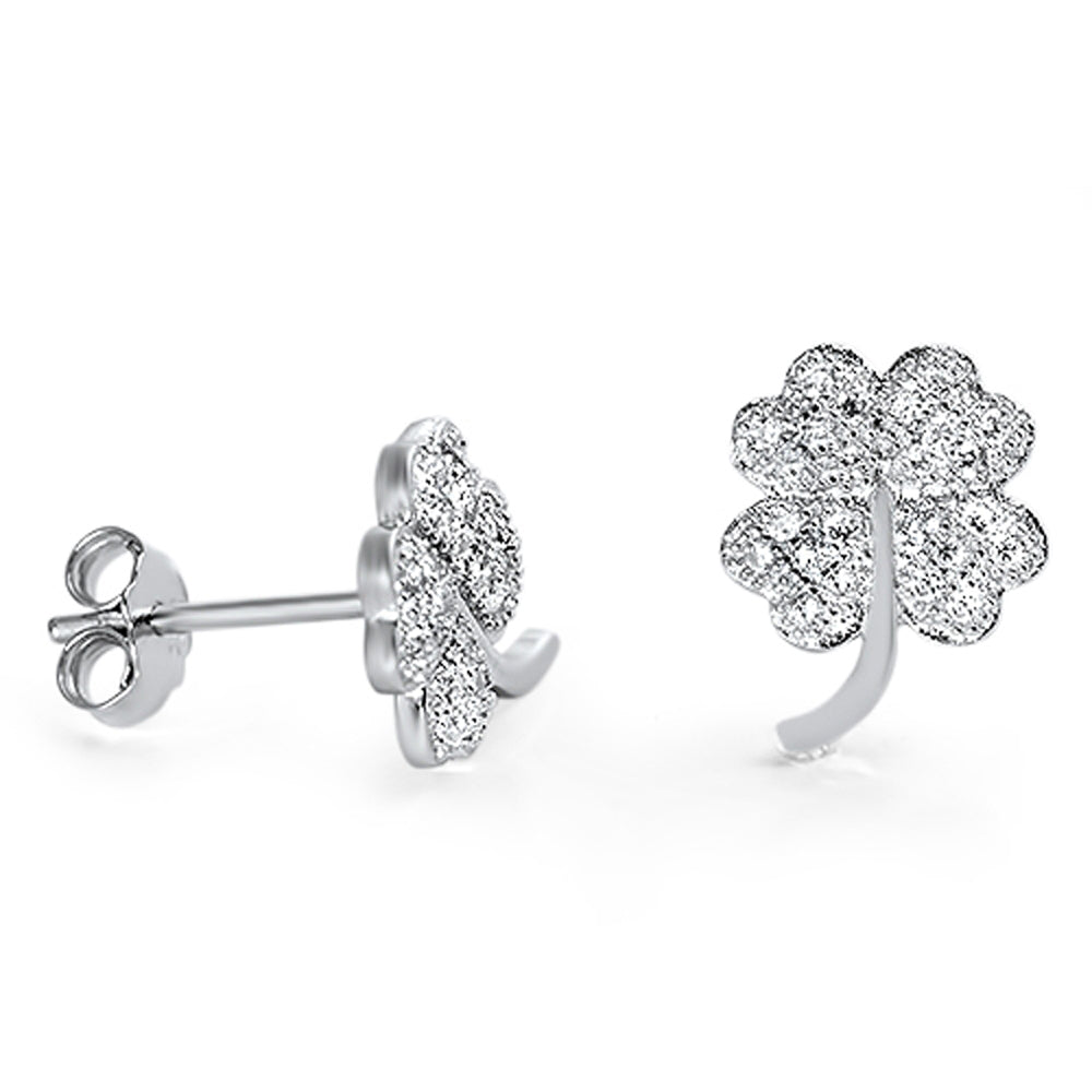 Sterling Silver Studded Four Leaf Clover Shamrock Lucky Flower Earrings Clear CZ