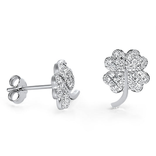 Sterling Silver Studded Four Leaf Clover Shamrock Lucky Flower Earrings Clear CZ