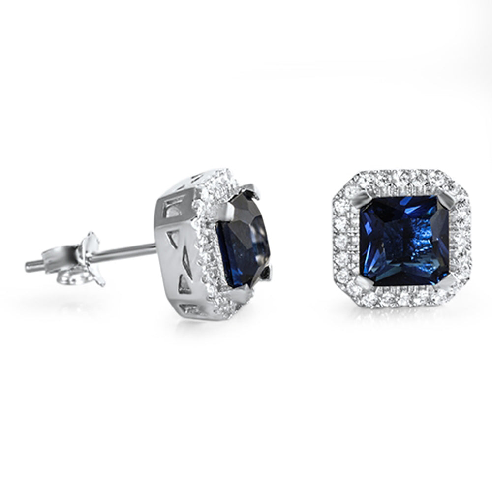 Sterling Silver Studded Cushion Cluster Halo Earrings Blue Sapphire CZ Clear CZ