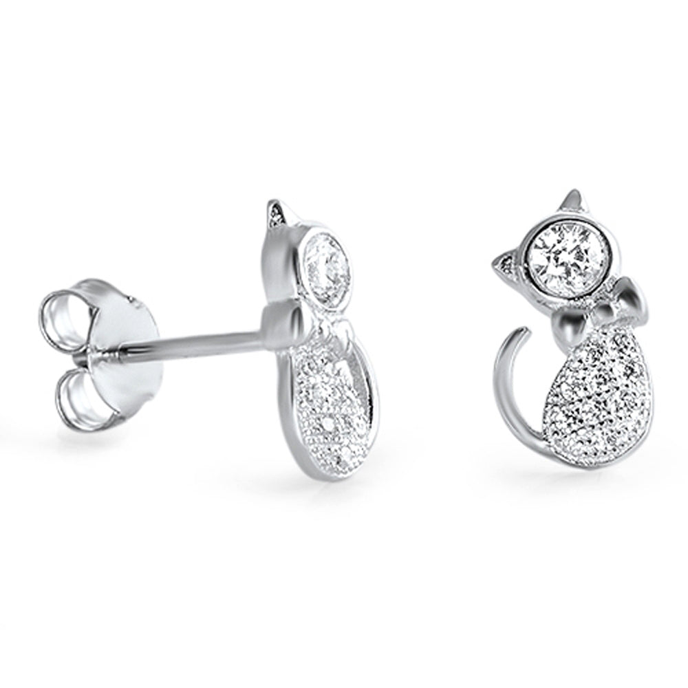 Sterling Silver Cluster Cat Bow Tie Animal Cute Pet Stud Earrings Clear CZ 925