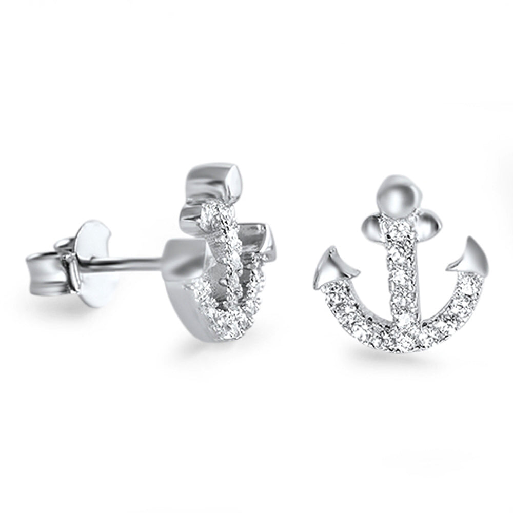 Sterling Silver Studded Anchor Water Boat Ship Nautical Earrings Clear CZ 925