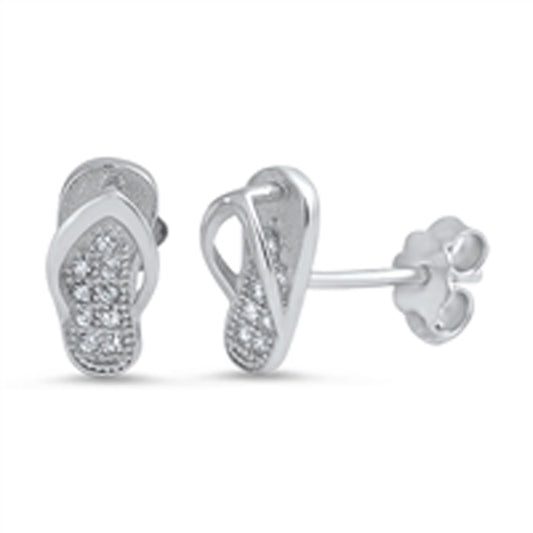 Thong Sandal Cute Studded Flip Flop Shoes Summer Vacation Clear Simulated CZ .925 Sterling Silver Earrings