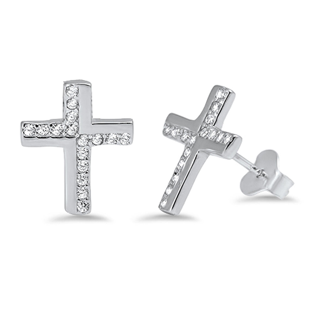 Sterling Silver Studded Modern Cross High Polish Simple Earrings Clear CZ 925