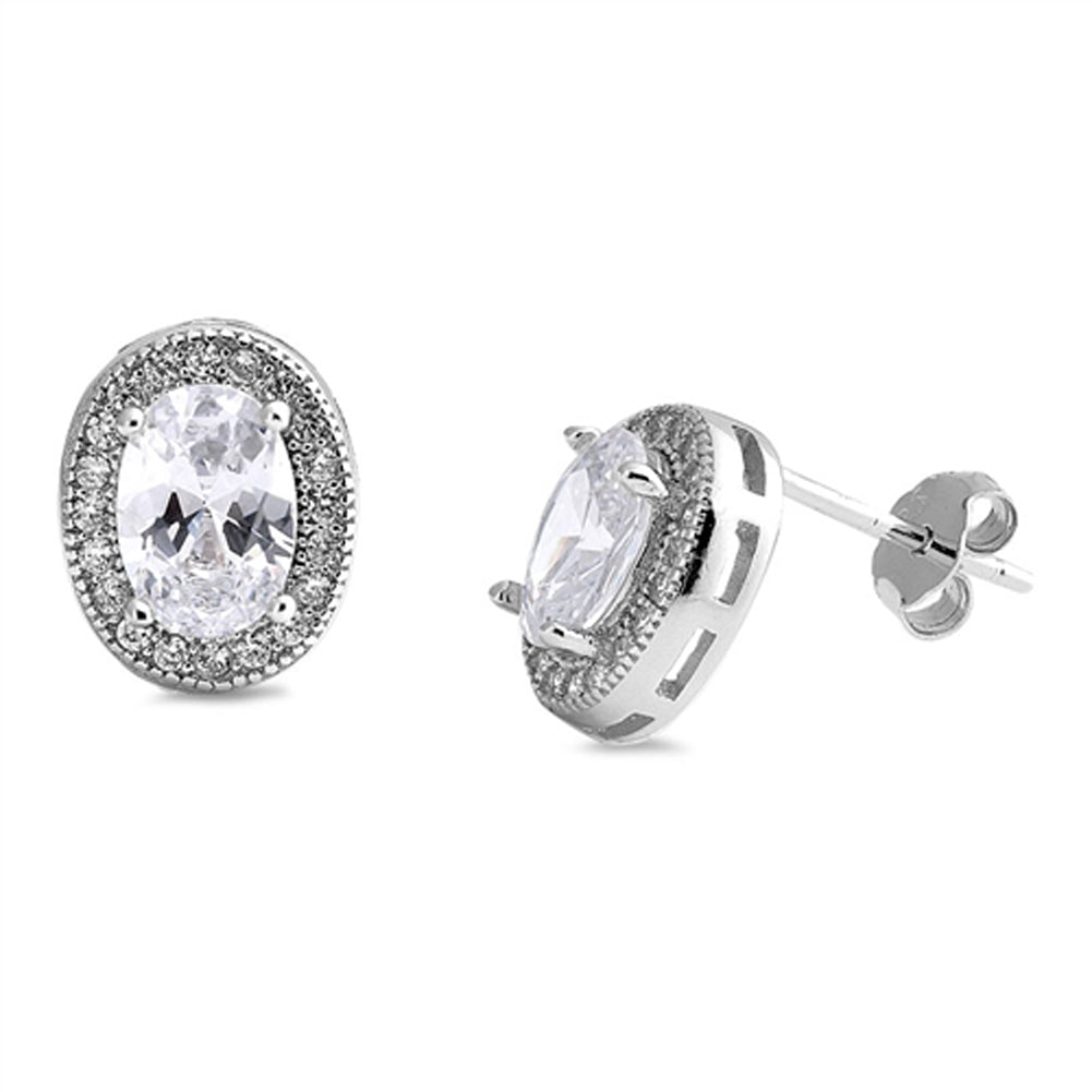 Vintage Framed Eternity Oval Endless Clear Simulated CZ .925 Sterling Silver Earrings