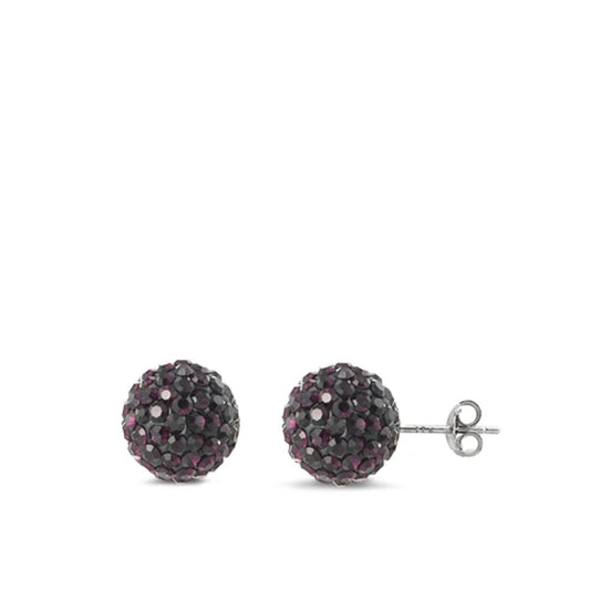 Sterling Silver Fashion Dark Purple Rhinestone Studded Ball Earrings 925 New