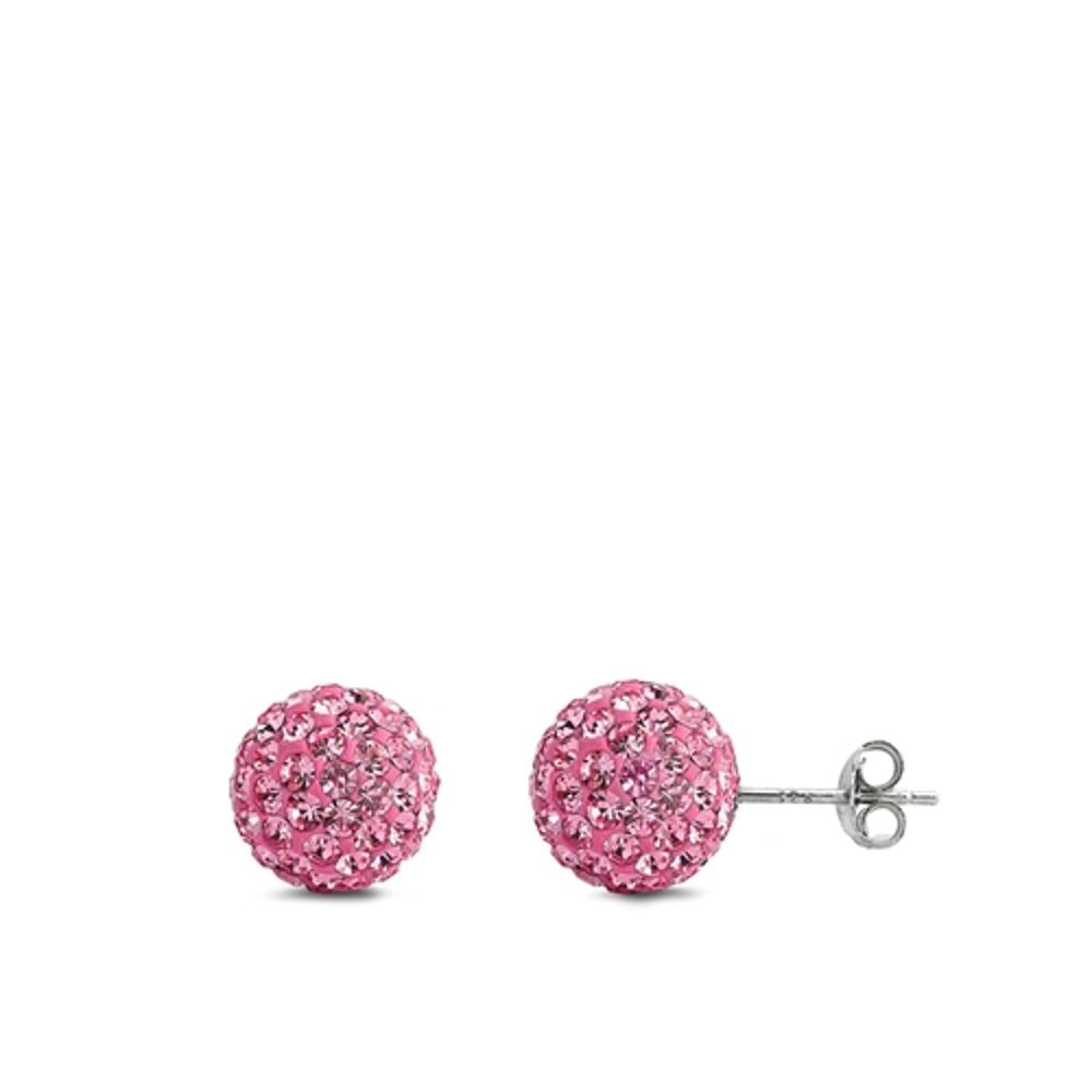 Sterling Silver Unique Pink Rhinestone Studded Sphere Earrings 925 New