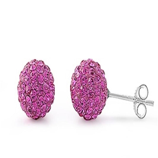 Sterling Silver Classic Rose Pink Rhinestone Studded Sphere Ball Earrings 925